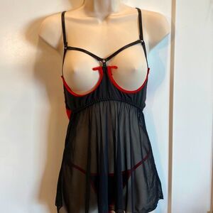 Teddy Black & Red Peekaboo With Thong Panty Sheer With Cute Satin Bow Size Large